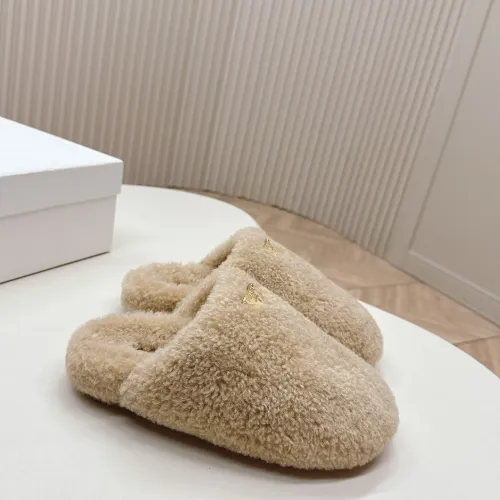 Prada Women’s Sheepskin Slippers, Beige Fuzzy Mules with Gold Logo Tab, Soft Indoor Footwear #A69830