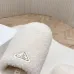 Prada Women’s White Sheepskin Slippers – Fuzzy Mules with Gold Triangle Logo Tab, Soft Indoor Footwear #A69834
