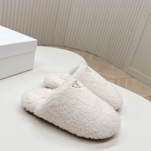 Prada Women’s White Sheepskin Slippers – Fuzzy Mules with Gold Triangle Logo Tab, Soft Indoor Footwear #A69834
