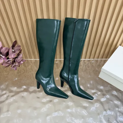 YSL Cassandre Side‑Zip Square‑Toe Knee‑High Boots 7cm Heel #A68613
