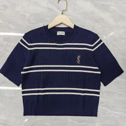 Saint Laurent Women's Wool Striped Knit Sweater with YSL Cassandre Logo #B54531
