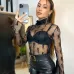 YSL European and American women's cross-border Amazon sexy see-through high-neck long-sleeved flocked high-quality top T-shirt #B64628