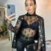 YSL European and American women's cross-border Amazon sexy see-through high-neck long-sleeved flocked high-quality top T-shirt #B64628