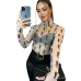 YSL European and American women's cross-border Amazon sexy see-through high-neck long-sleeved flocked high-quality top T-shirt #B64628