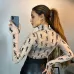 YSL European and American women's cross-border Amazon sexy see-through high-neck long-sleeved flocked high-quality top T-shirt #B64628