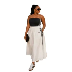 Black Tube Top White Long Skirt Adidas Two‑Piece Outfit #A67833